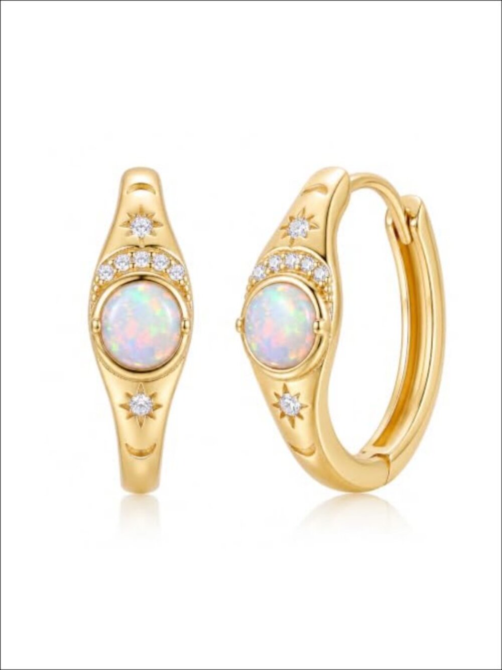 14K Gold Plated Huggie Hoop Earrings 20mm Opal CZ Moon Star Celestial